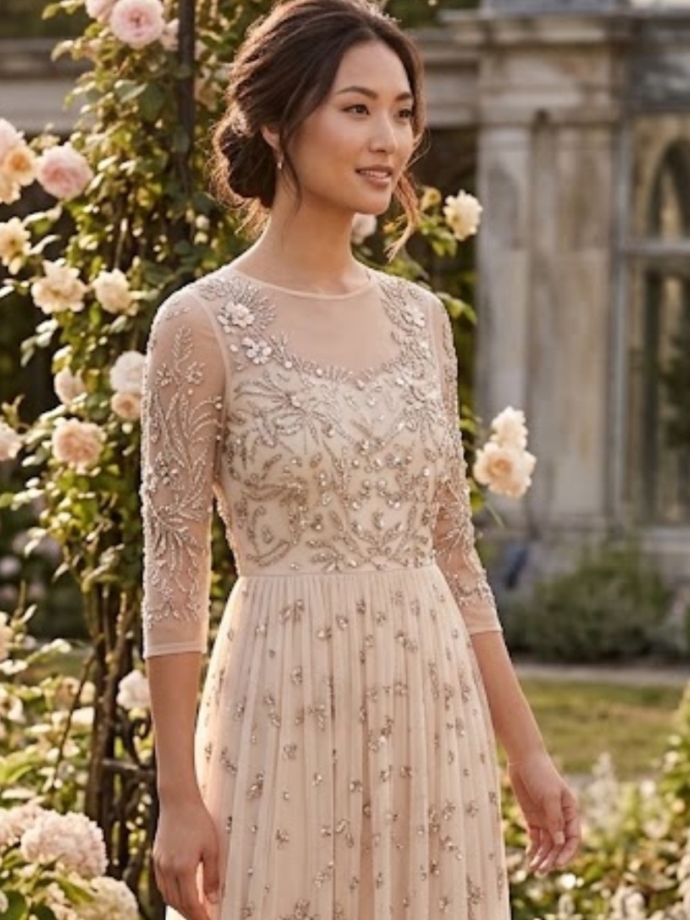 Aidan Mattox beaded sweetheart, neckline, 3/4 sleeve long gown - Picture 3 of 17
